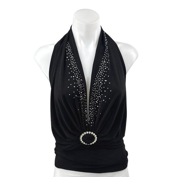Women's Black Rhinestone Sleeveless Halter Plunging Open Back Blouse Top Size S - Picture 1 of 4